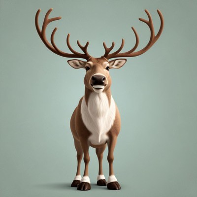 A reindeer stands in front of a blue background