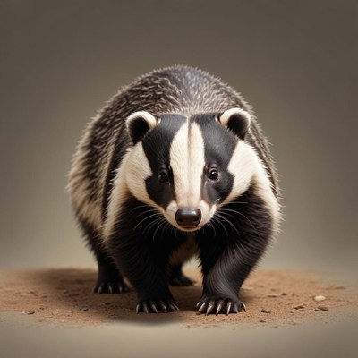 A badger walks toward the camera on a dirt path
