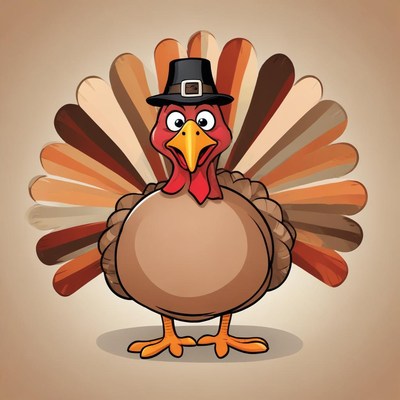 A cartoon turkey wearing a pilgrim hat