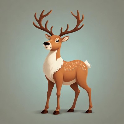 A brown deer with antlers stands on a light blue background