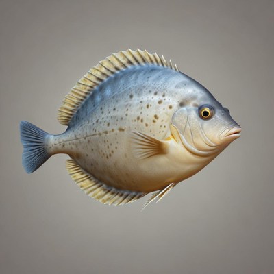 A spotted fish with a yellow fin swims through the water