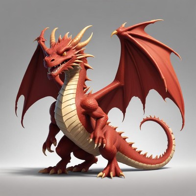 A red dragon stands with its wings spread wide