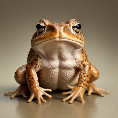 A brown toad sits on a table, looking directly at the camera