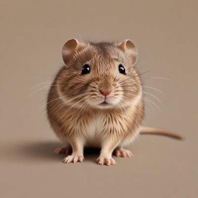 A small, brown mouse sits on a tan background