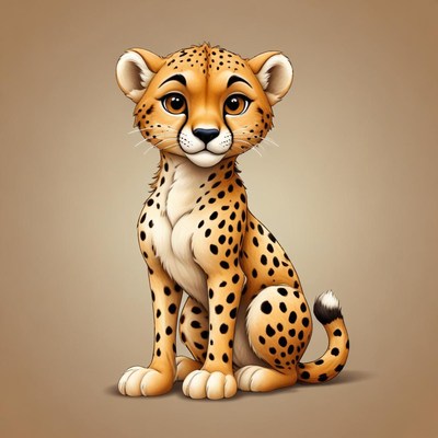 A cute cheetah cub sits on a plain brown background