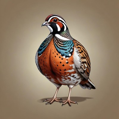 A colorful pheasant stands on a neutral background