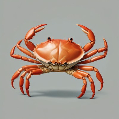 A red crab with large claws is walking on a gray surface