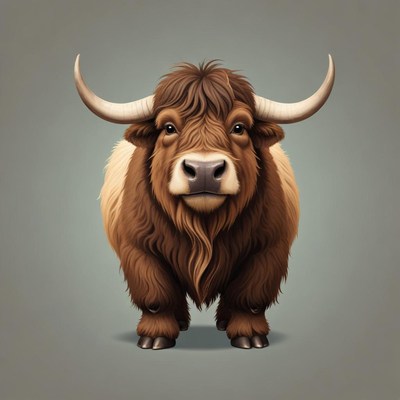 A brown yak stands in front of a gray background