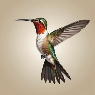 A hummingbird with a red throat hovers in flight