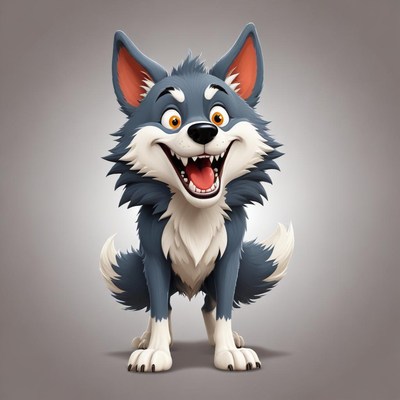 A smiling cartoon wolf faces the camera