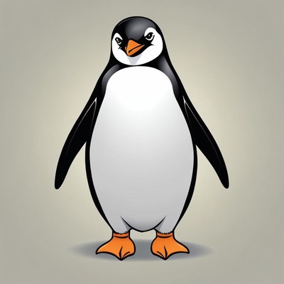 A penguin stands tall against a gray background