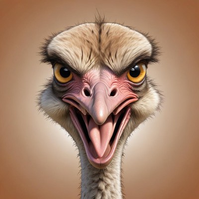 A close-up of an ostrich's head with a wide-open beak