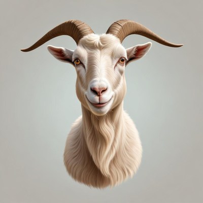 A white goat with brown horns smiles at the camera