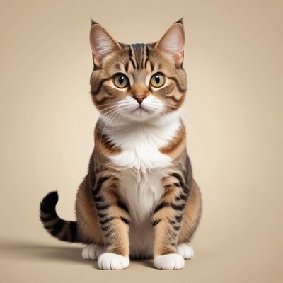 A tabby cat sits with its paws neatly tucked in