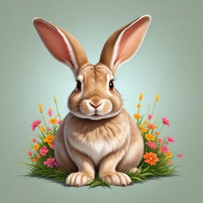 A brown bunny sits in a patch of spring flowers