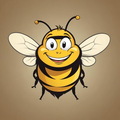 A cartoon bee smiles against a brown background