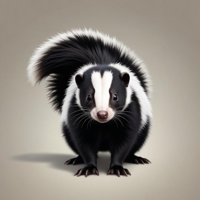 A black and white skunk stands on a light brown background