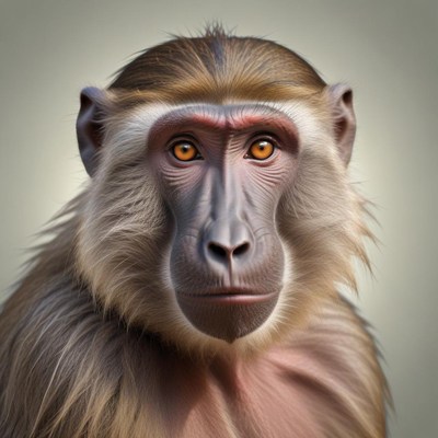 A monkey with orange eyes looks directly at the camera