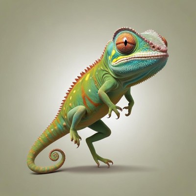 A green chameleon stands on a light gray background