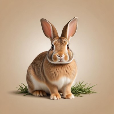 Brown rabbit sits in grass, staring at camera