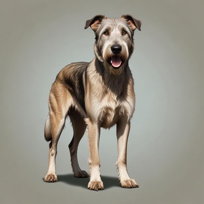 A friendly dog stands against a gray background