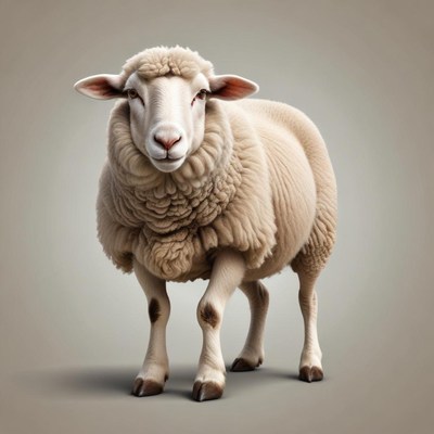 A white sheep walks forward on a grey background