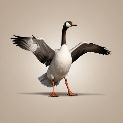 A goose stands with wings spread wide