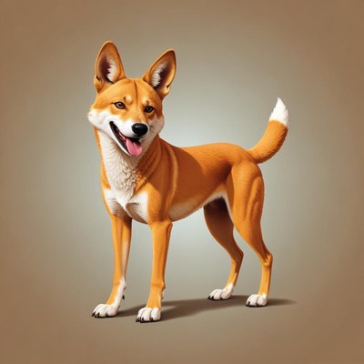 A happy australian dingo stands on a brown background