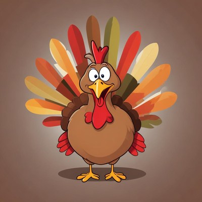 A cartoon turkey with big eyes smiles at the camera