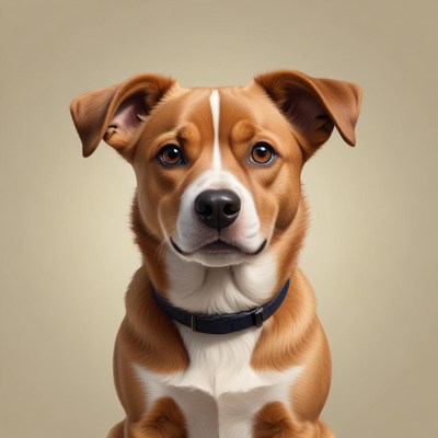 A brown and white dog sits looking directly at the camera
