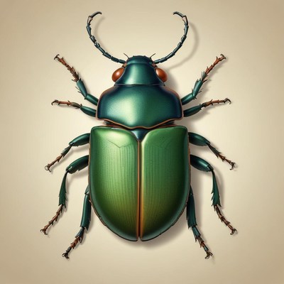 A green beetle with long legs rests on a light background