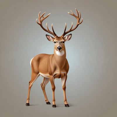 A white-tailed deer stands on a gray background
