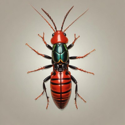 Red and black beetle with long antennae on white