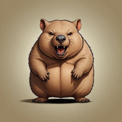 A grumpy wombat stands with a fierce expression