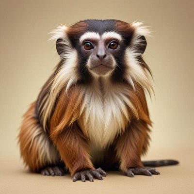 A small monkey with brown fur sits on a beige background