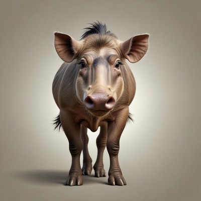 A pig looks directly at the camera in a studio setting