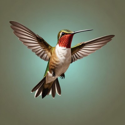 A hummingbird flies with its wings spread wide