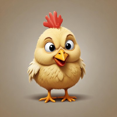A yellow chick with a red comb stands on a beige background