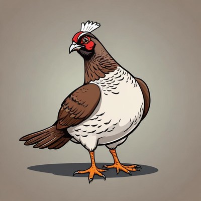 A brown and white pheasant stands on a gray background