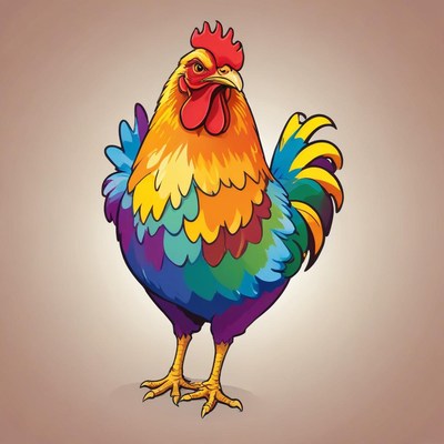 A colorful rooster stands on a brown background