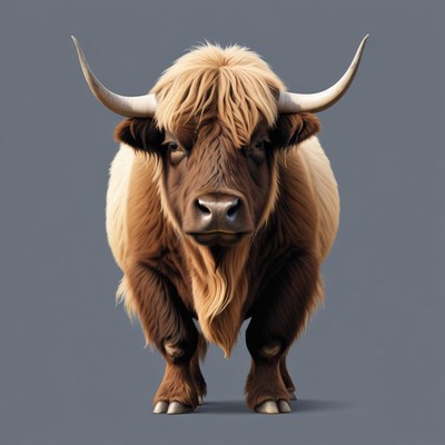 A highland cow stands against a gray background