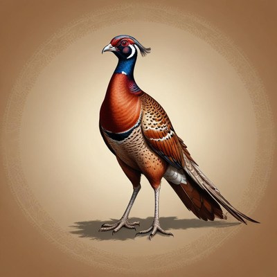 Brown pheasant with blue and white stands on beige
