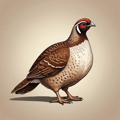 A brown and white quail stands on a tan background