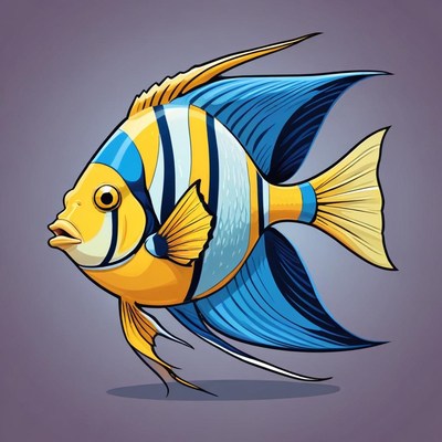 Cartoon angelfish with blue and yellow stripes swims