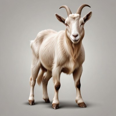 A white goat stands against a grey background