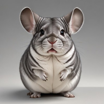 A chinchilla stands on a gray background