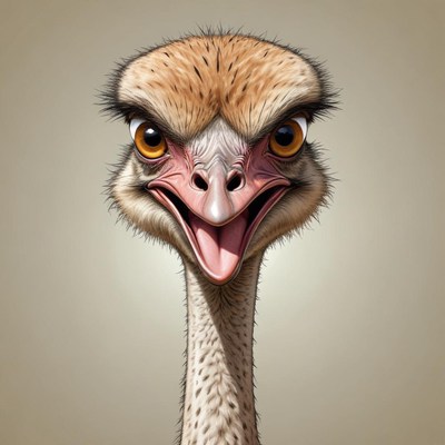 A close-up of an ostrich looking directly at the camera