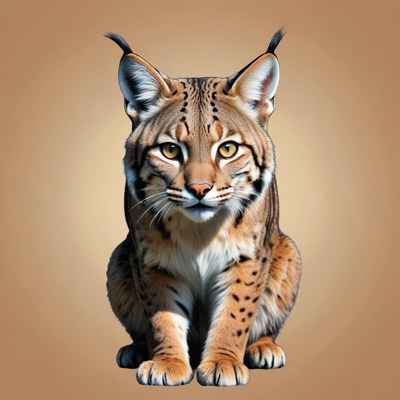 A bobcat sits on a light brown background