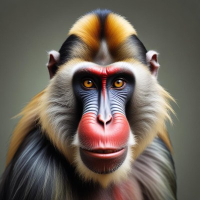 A mandrill stares intensely at the camera