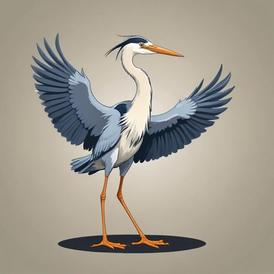 A grey heron stands with wings spread wide